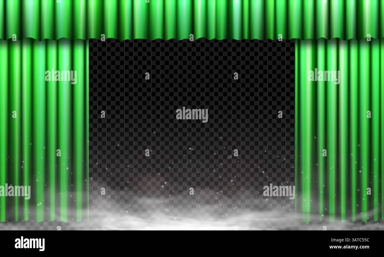 Tenda verde aperta di lusso con riflettori, fumo e nebbia su un elegante palcoscenico. Tendaggi, texture e scintille in velluto vettoriale. Perfetto per spettacoli natalizi, film, performance retrò o rivelazioni di prodotti. Illustrazione Vettoriale