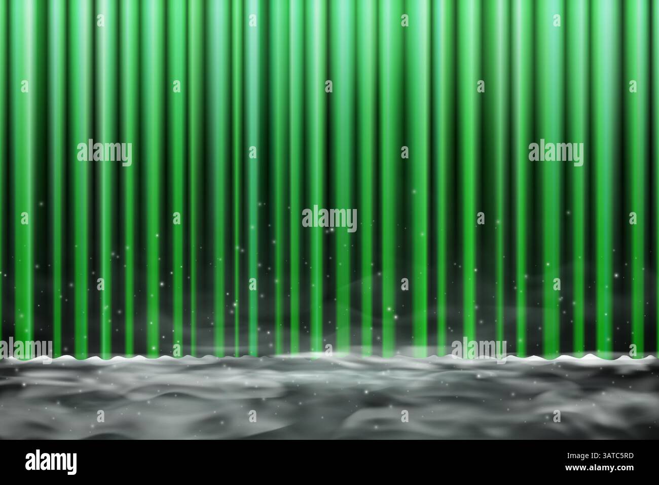 Elegante tenda verde sul palco di lusso con tende di velluto, riflettori, effetti macchina fumo e nebbia. Vettoriale di ispirazione retrò per concerti, opere o celebrazioni. Perfetto per eventi di alto livello. Illustrazione Vettoriale