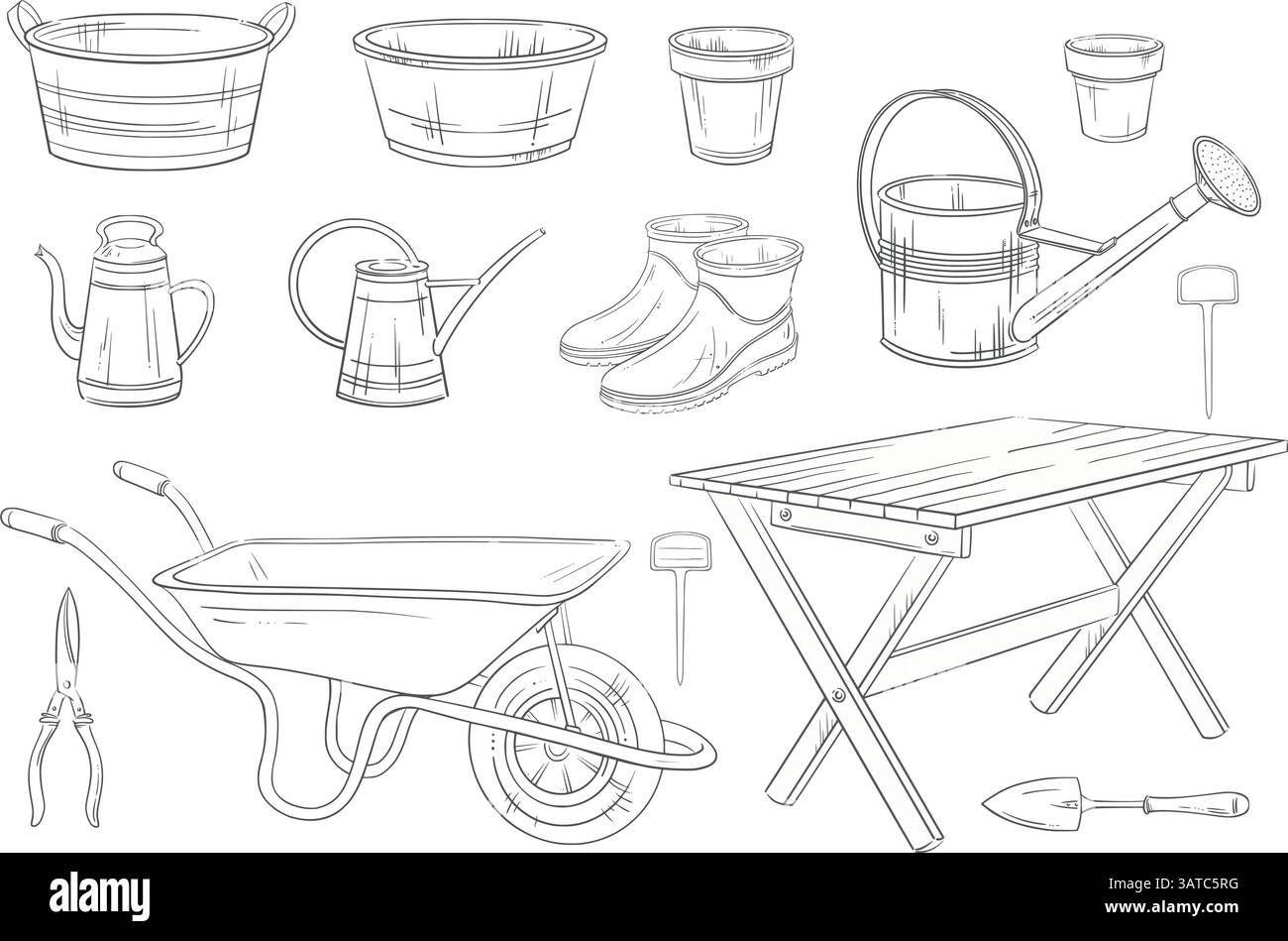 Attrezzature e attrezzi per il giardinaggio. Grande clipart di giardino vettoriale stagionale - tavolo, carriola, lattine da irrigazione, bacini, vasi di fiori in ceramica, cazzuola, cesoie Illustrazione Vettoriale