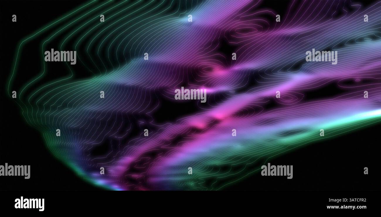Immagine astratta con linee colorate al neon che formano un design topografico fluido su uno sfondo scuro, evocando concetti di visualizzazione dei dati, futuris Foto Stock
