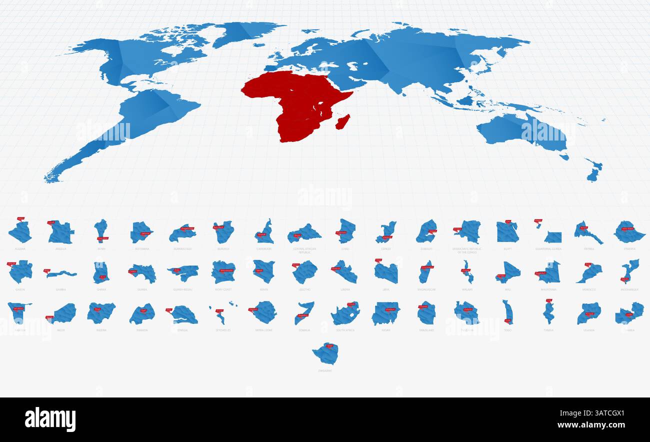 Mappe dell'Africa con sfumature di blu poly basse con i cartelli di Capital City. Raccolta mappe. Illustrazione Vettoriale