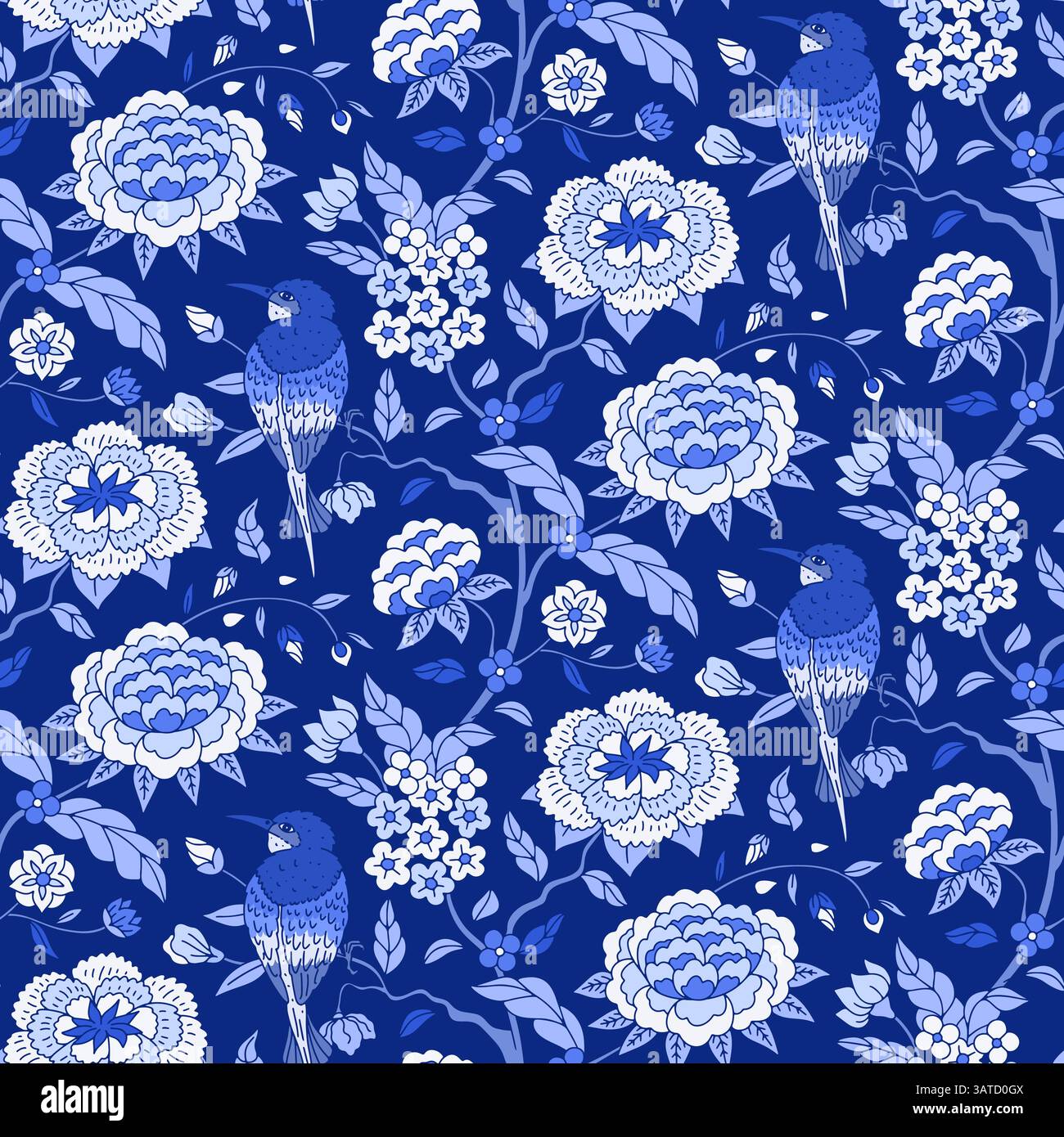 Motivo senza cuciture con chinoiserie blu monocromatica fiori disegnati a mano e silhouette di uccelli. Carta da parati floreale con rami posteriori in stile cinese Illustrazione Vettoriale