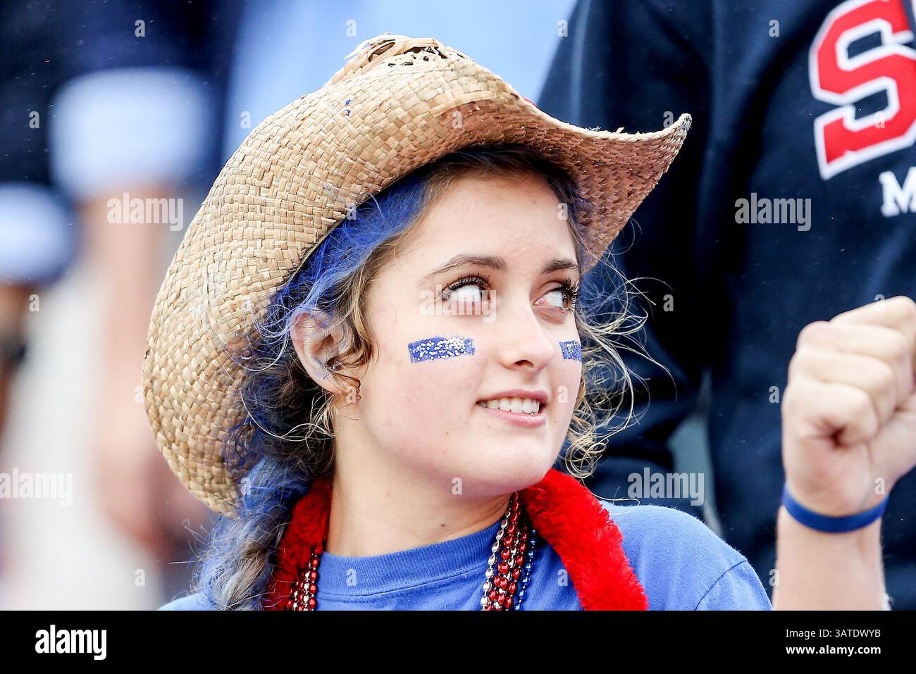 5 ottobre 2013 - Dallas, Texas, U. S - i tifosi dei Southern Methodist Mustangs guardano l'azione durante la partita tra i Rutgers Scarlet Knights e i SMU Mustangs al Gerald J. Ford Stadium di Fort Worth, Texas. Rutgers sconfigge SMU 55 a 52 in tripla OT. (Immagine di credito: © Dan Wozniak/ZUMAPRESS.com) Foto Stock