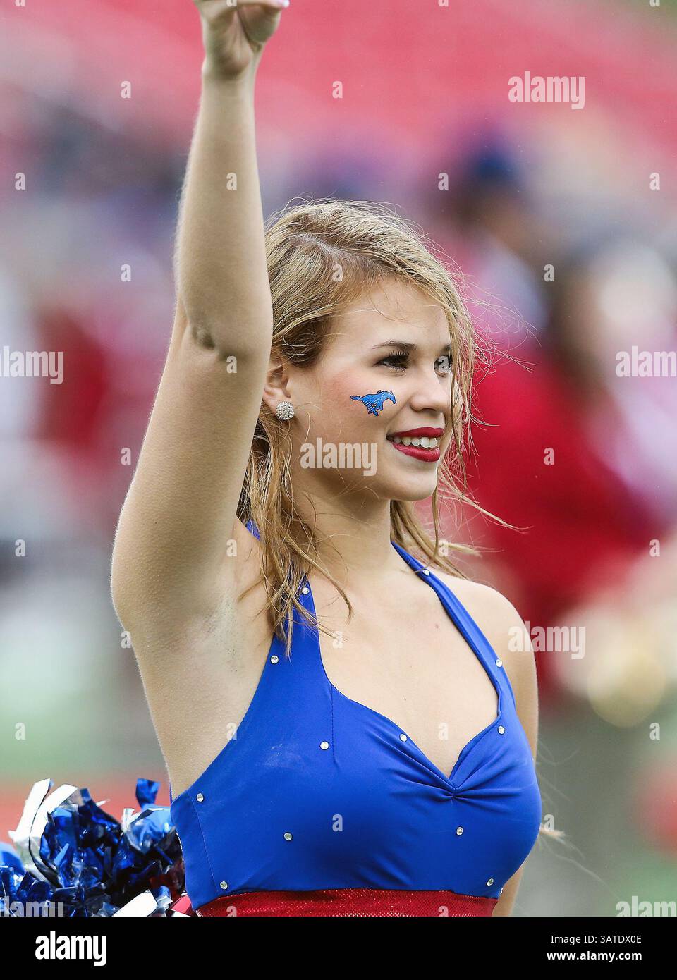 5 ottobre 2013 - Dallas, Texas, U. S - cheerleader dei Southern Methodist Mustangs in azione durante la partita tra i Rutgers Scarlet Knights e le SMU Mustangs al Gerald J. Ford Stadium di Fort Worth, Texas. Rutgers sconfigge SMU 55 a 52 in tripla OT. (Immagine di credito: © Dan Wozniak/ZUMAPRESS.com) Foto Stock