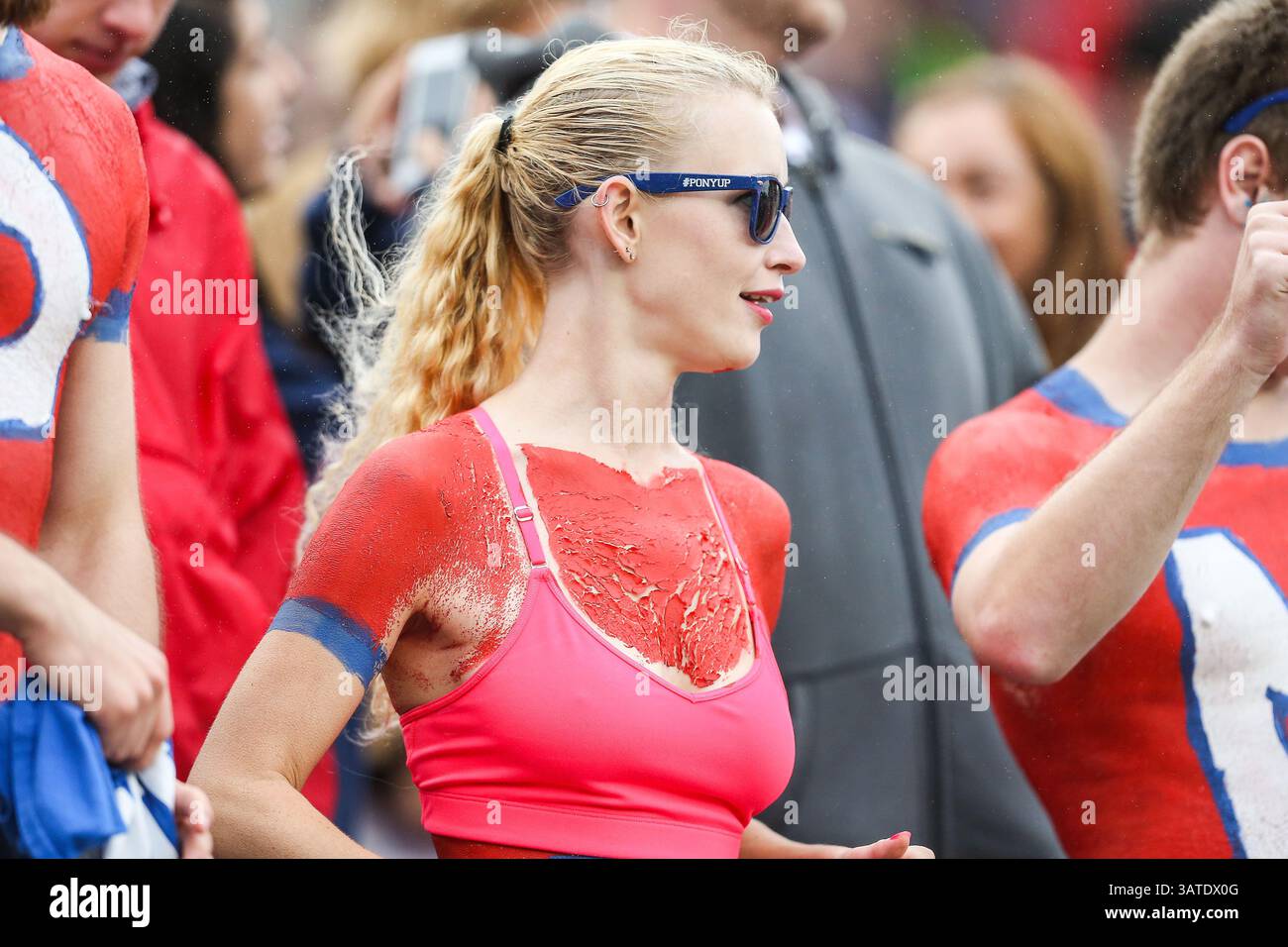 5 ottobre 2013 - Dallas, Texas, U. S - i tifosi dei Southern Methodist Mustangs guardano l'azione durante la partita tra i Rutgers Scarlet Knights e i SMU Mustangs al Gerald J. Ford Stadium di Fort Worth, Texas. Rutgers sconfigge SMU 55 a 52 in tripla OT. (Immagine di credito: © Dan Wozniak/ZUMAPRESS.com) Foto Stock