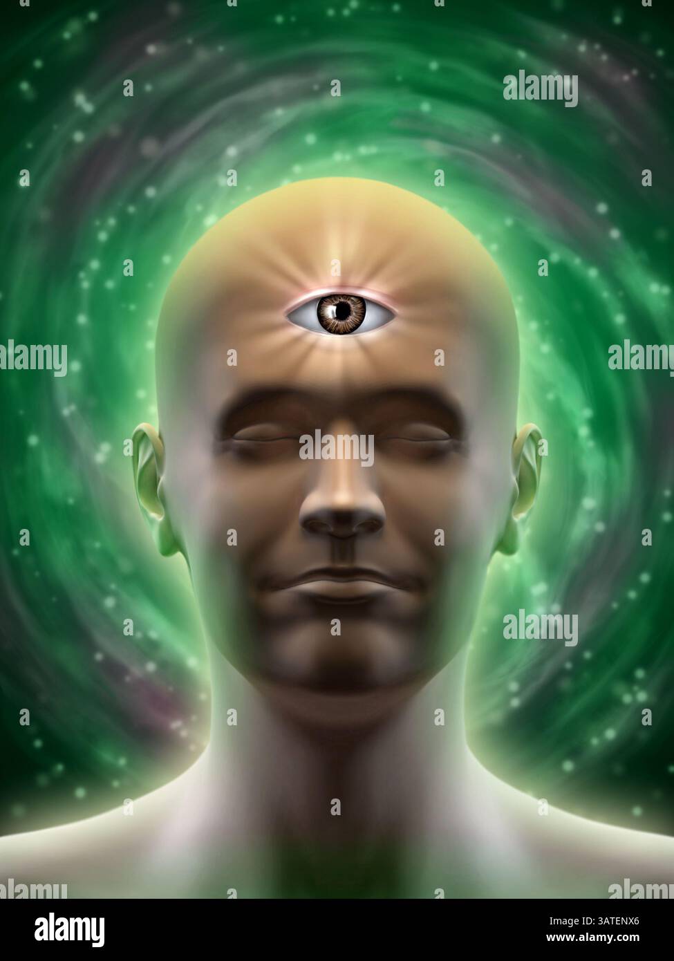 Testa maschile con un terzo occhio aperto al centro della fronte. Illustrazione digitale. Foto Stock