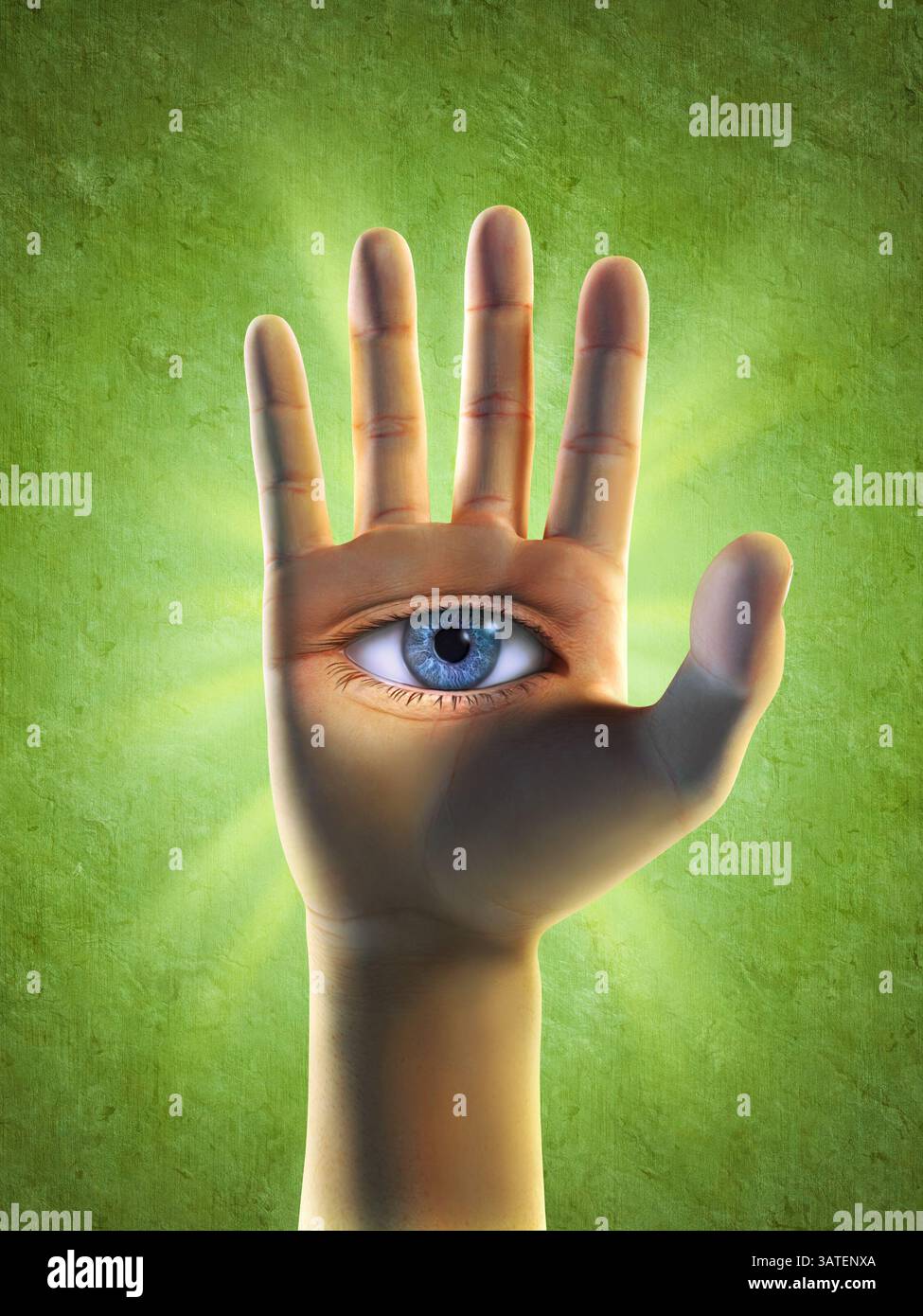 Aprire l'occhio in mano. Illustrazione digitale, percorso di ritaglio incluso. Foto Stock