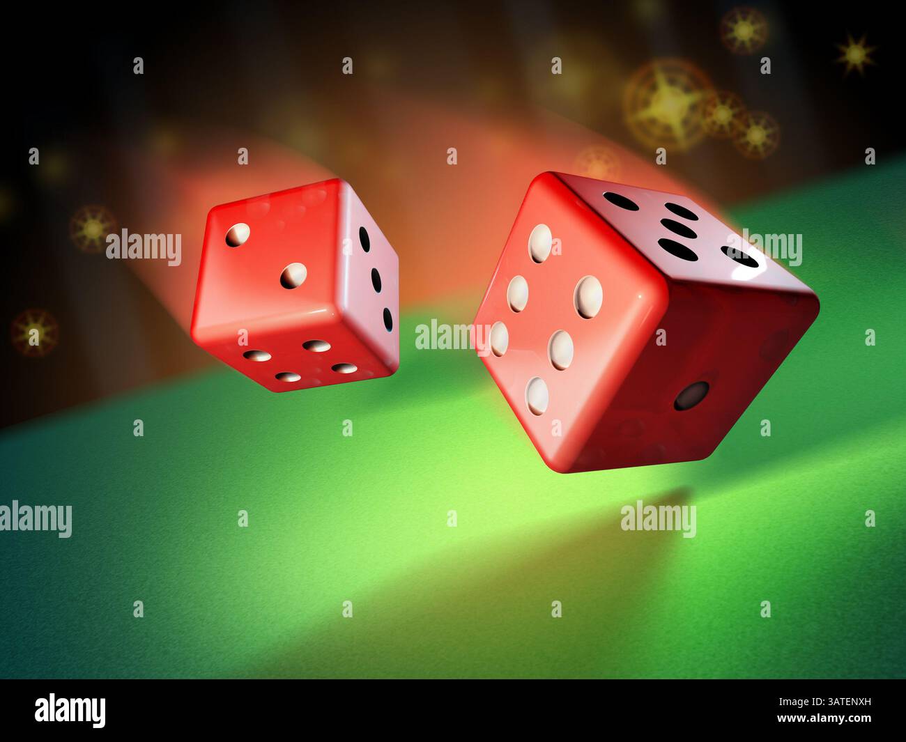 Due dadi rotanti su una superficie verde. Illustrazione 3D. Foto Stock