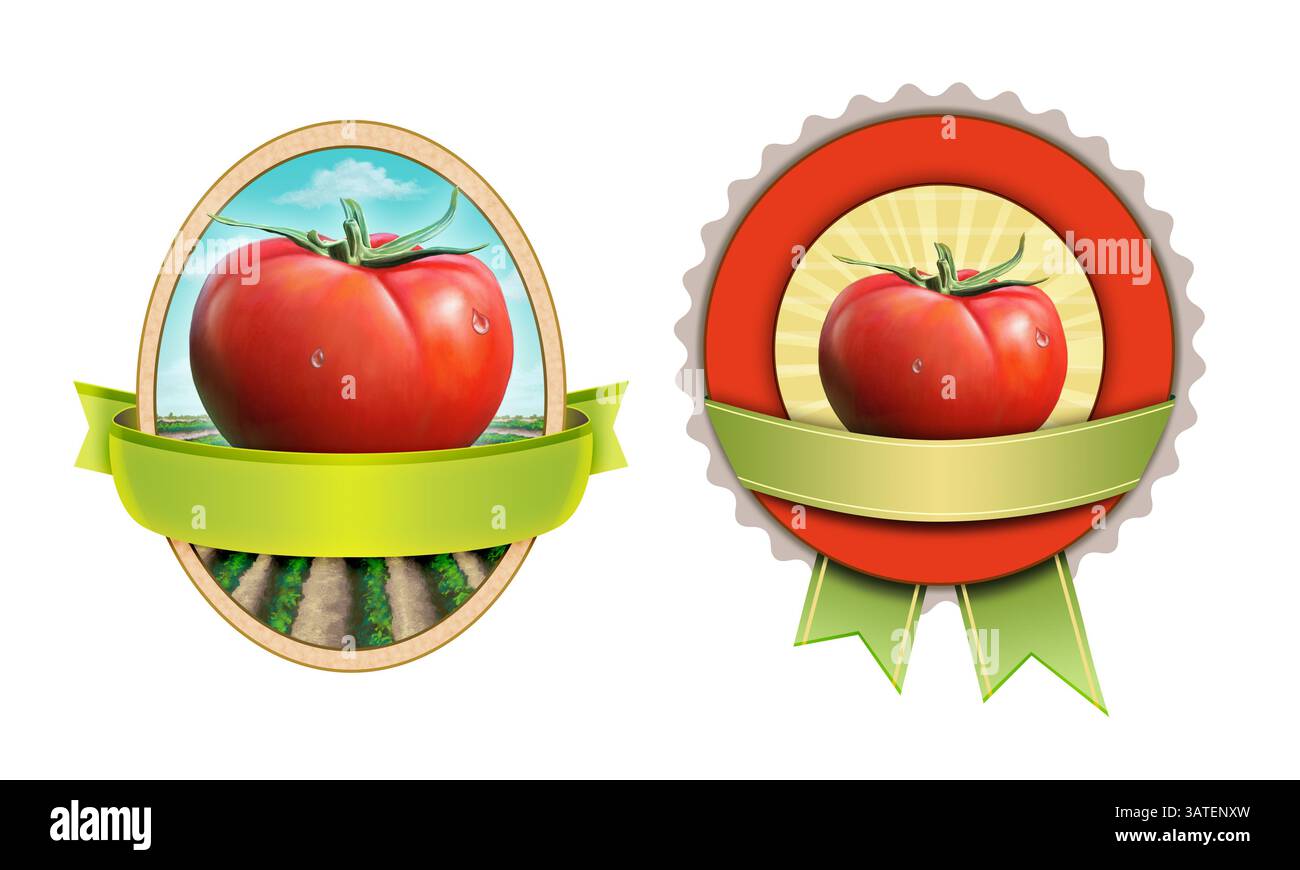Le etichette per i prodotti a base di pomodoro. Illustrazione Digitale, maschera di ritaglio incluso. Foto Stock