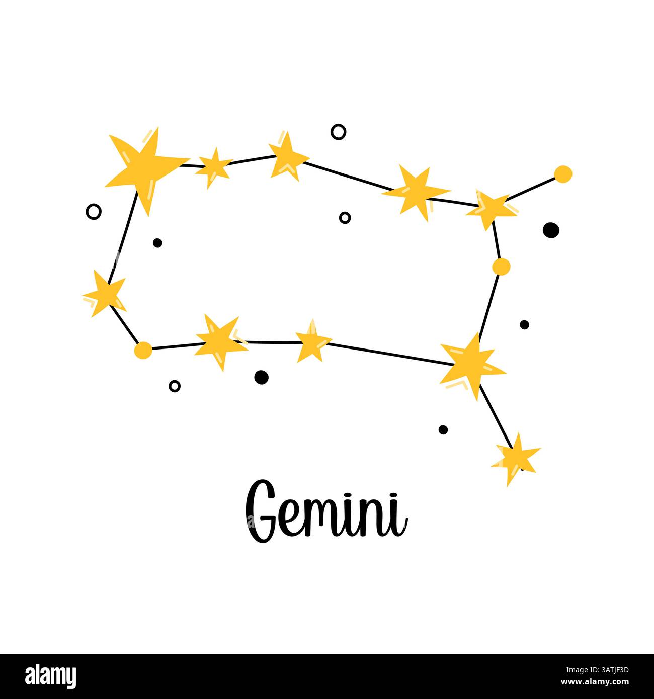 Gemini Zodiac costellazione. Segno astrologico isolato dal vettore, simbolo, elemento. Schema di costellazione con stelle e scarabocchi carini. Design semplice di Illustrazione Vettoriale