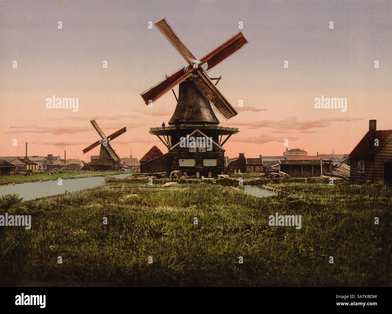 6 aprile 2016 - due mulini a vento, Olanda, Photochrome Print, circa 1900 (immagine di credito: © Glasshouse via ZUMA Wire) Foto Stock