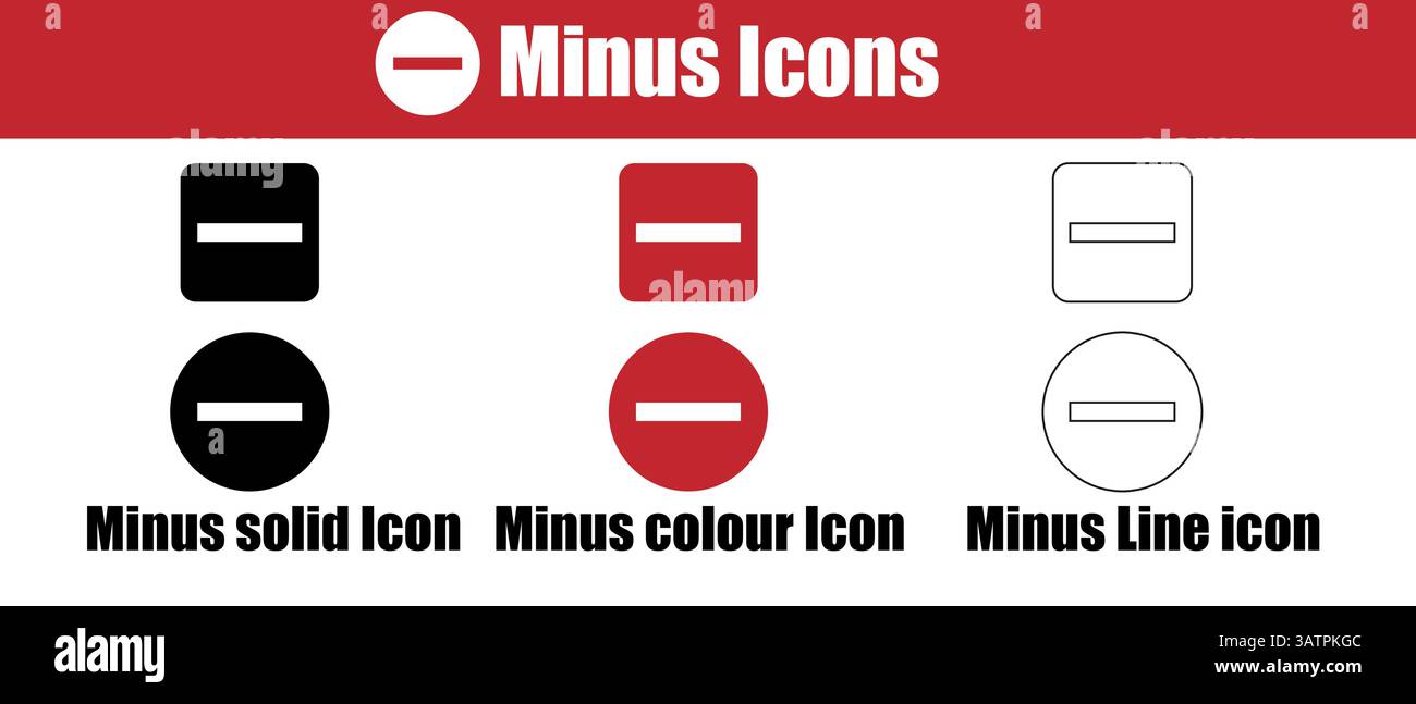 Collezione di disegni con icone meno in tinta unita, colorata e stili di linea. Illustrazione Vettoriale