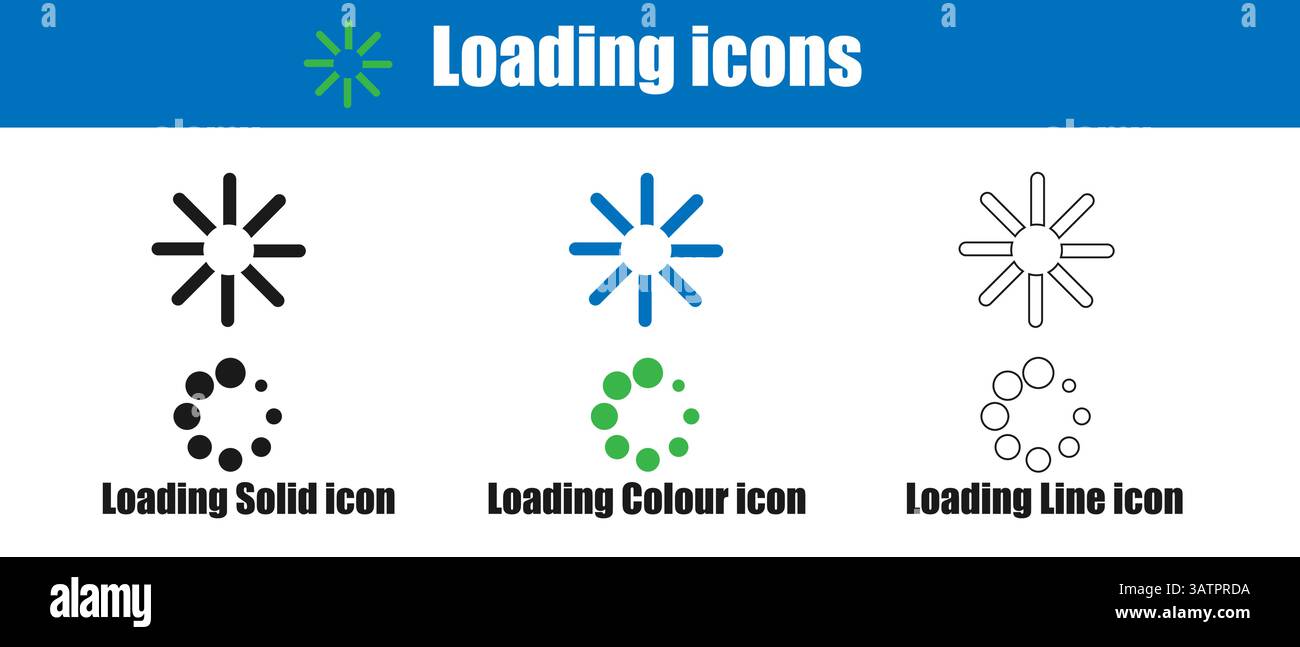 Caricamento icona in stili colore, silhouette, solido e linea Illustrazione Vettoriale