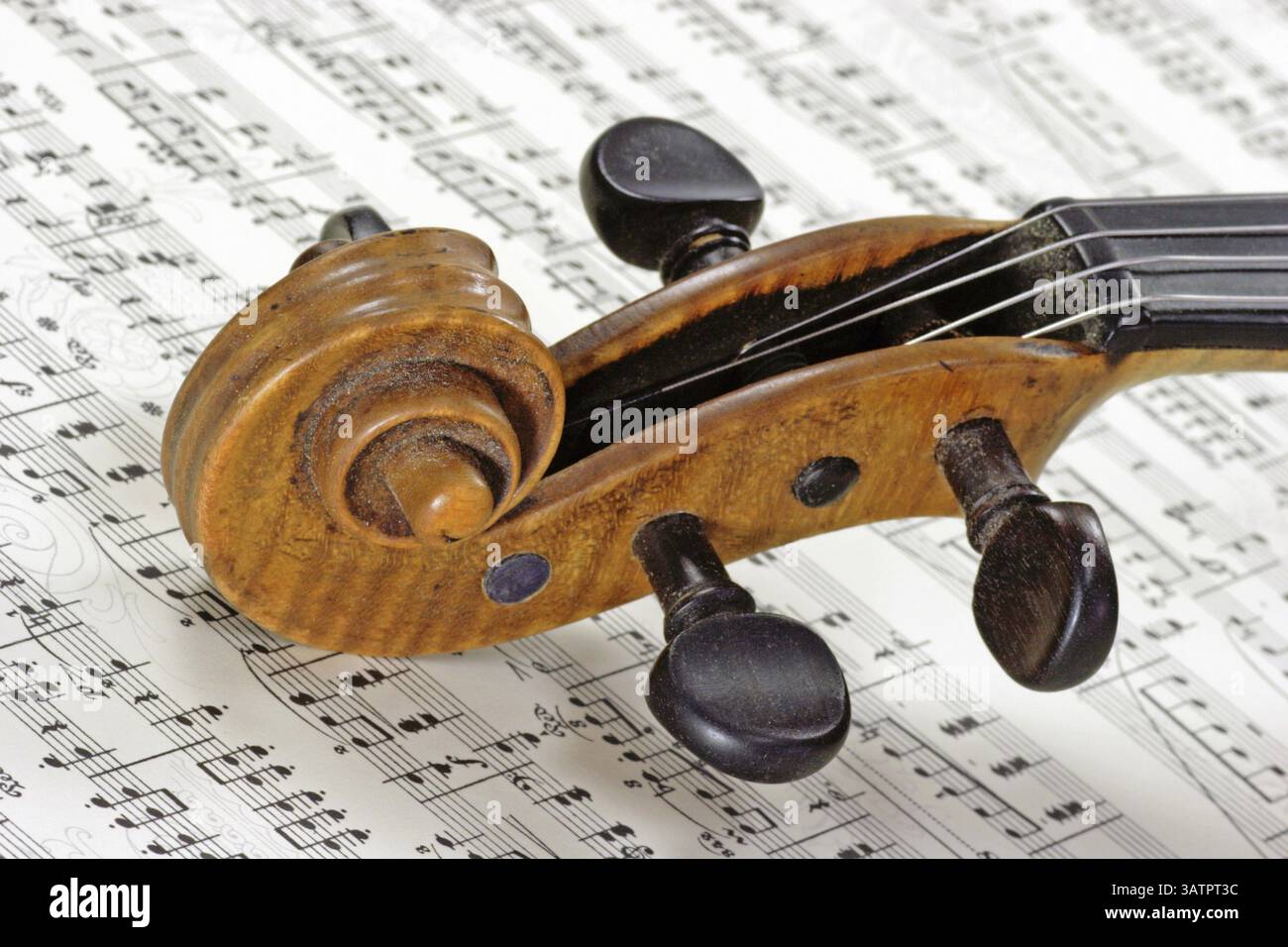 Maniglia di un vecchio violino su un foglio di note dettaglio di un vecchio violino su un foglio di note Foto Stock