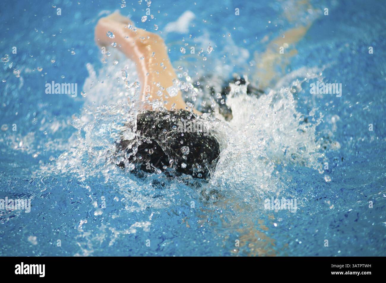Un nuotatore nuota in una piscina coperta Foto Stock