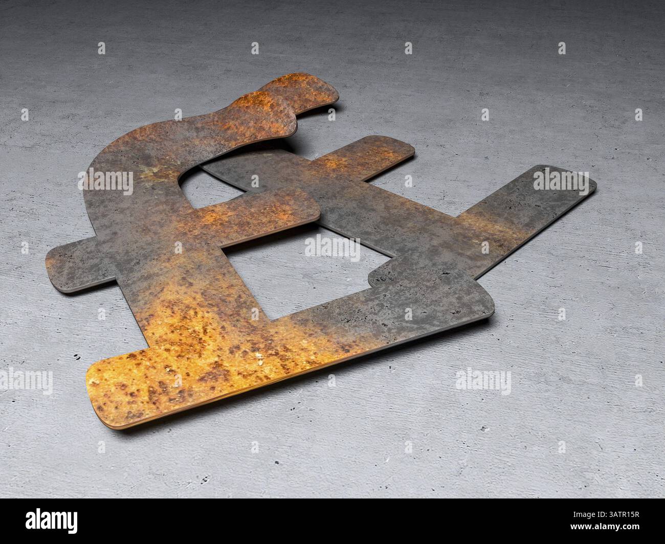 Sterlina, simboli di valuta arrugginiti sul cemento Foto Stock