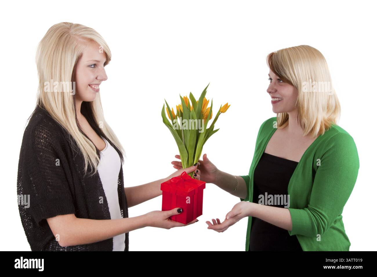 La giovane donna regala regali a un'altra donna, tagliata su bianco Foto Stock