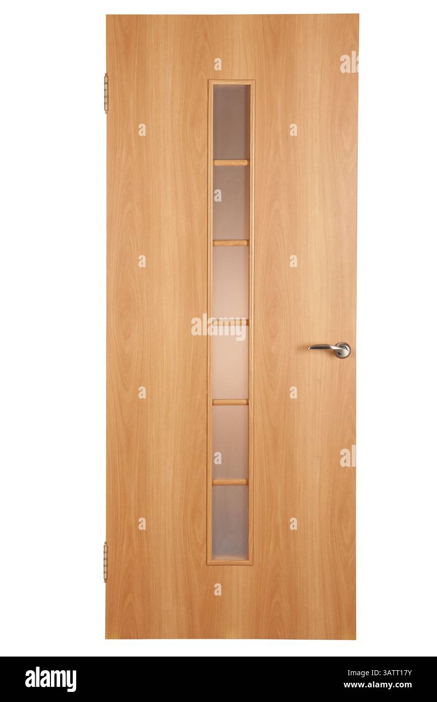 Porta isolata in legno con vetro su sfondo bianco Foto Stock