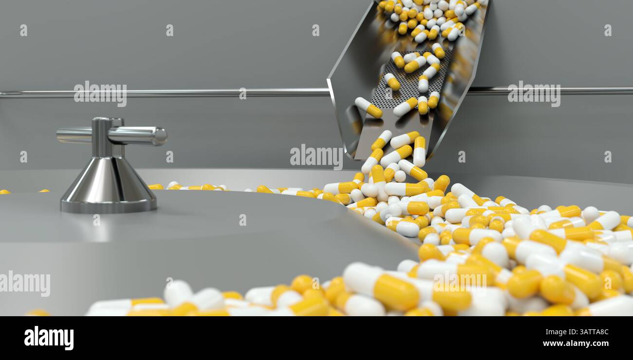 Macchina che produce capsule in un laboratorio farmaceutico - illustrazione di rendering 3D. Foto Stock