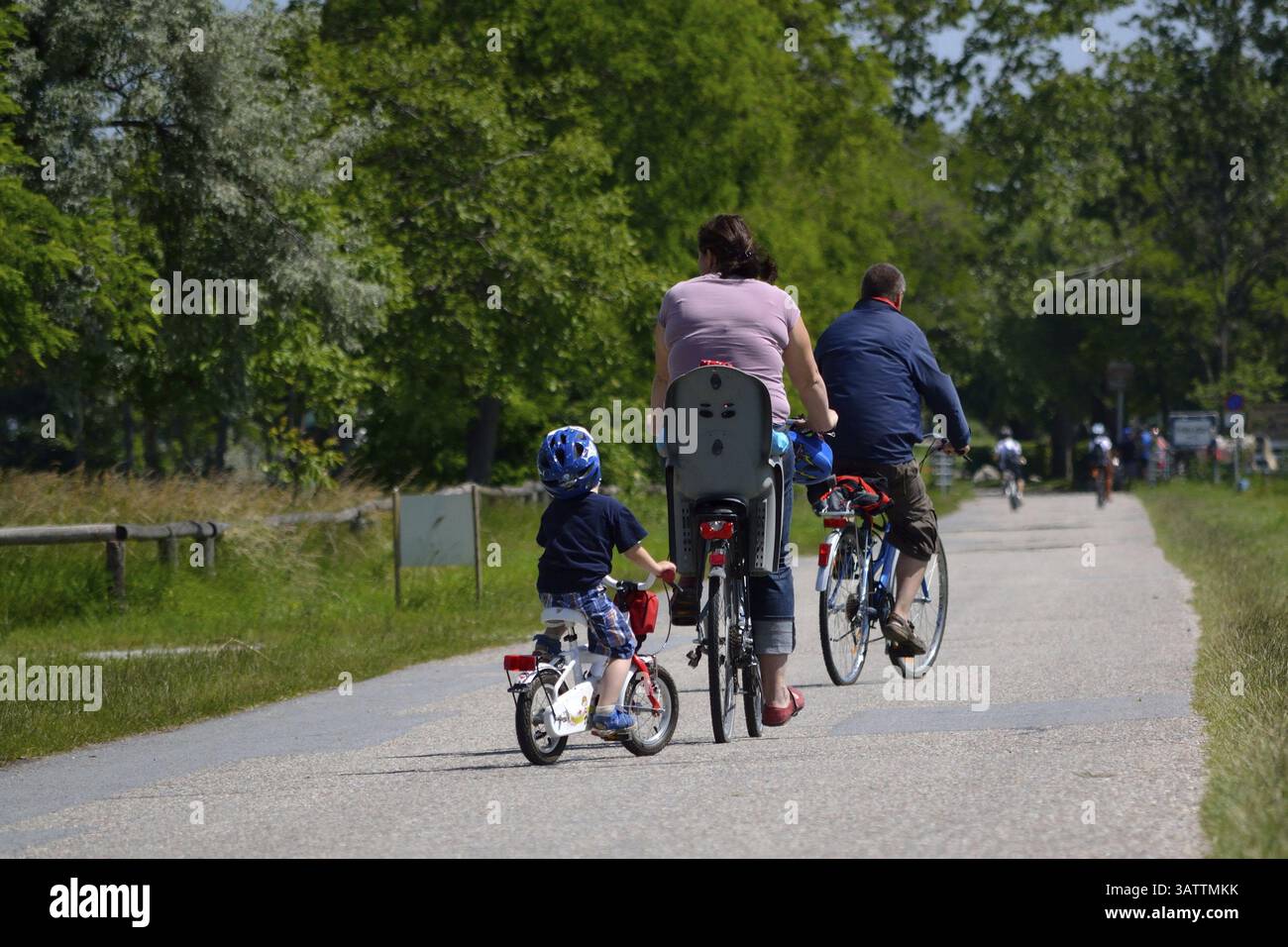 Famiglia di tre persone su strada con biciclette Foto Stock