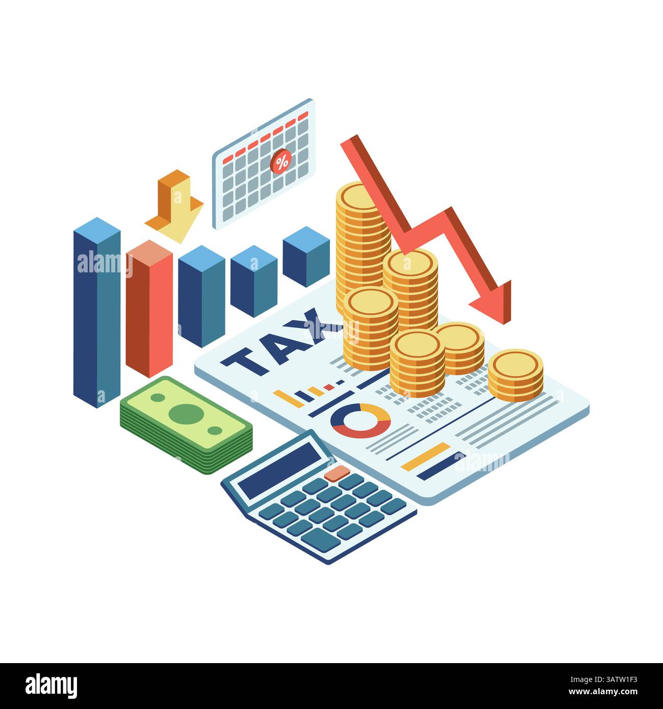Concetto di deduzione fiscale isometrica con elementi finanziari. Concetto di deduzione fiscale e gestione finanziaria Illustrazione Vettoriale