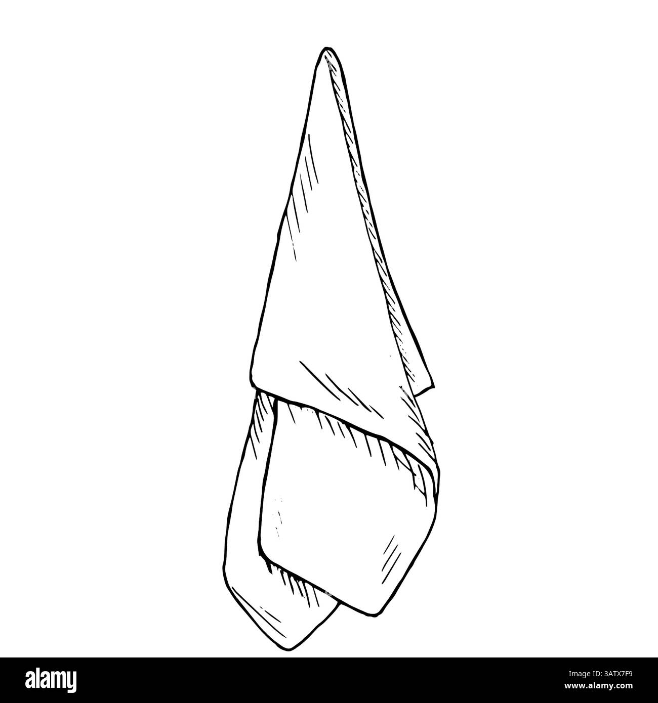 Tovagliolo da cucina appeso, schizzo bianco e nero. Illustrazione vettoriale. Tovagliolo in cotone, isolato su sfondo bianco. Per il tema del cibo, della cucina, cate Illustrazione Vettoriale