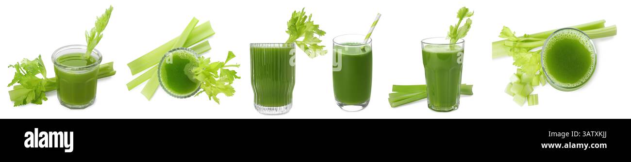 Gustoso succo di sedano su sfondo bianco, collage Foto Stock