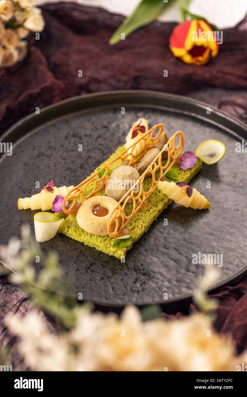 Natura morta di antipasto gourmet, pollo cognac e pralina d'anatra su una torta di spugne alle erbe aromatiche decorata con croissant di mele con gelatina di mele Foto Stock