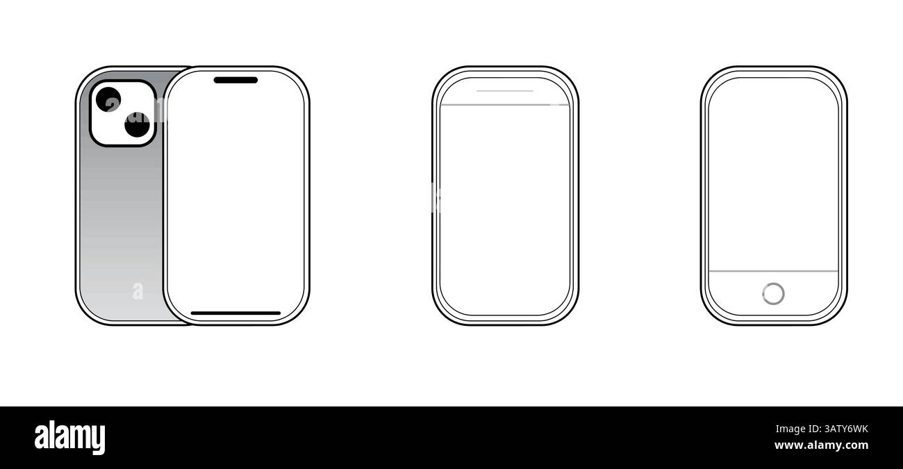 Evoluzione dei design degli smartphone: Fotocamera, notch e pulsante Home. Illustrazione Vettoriale