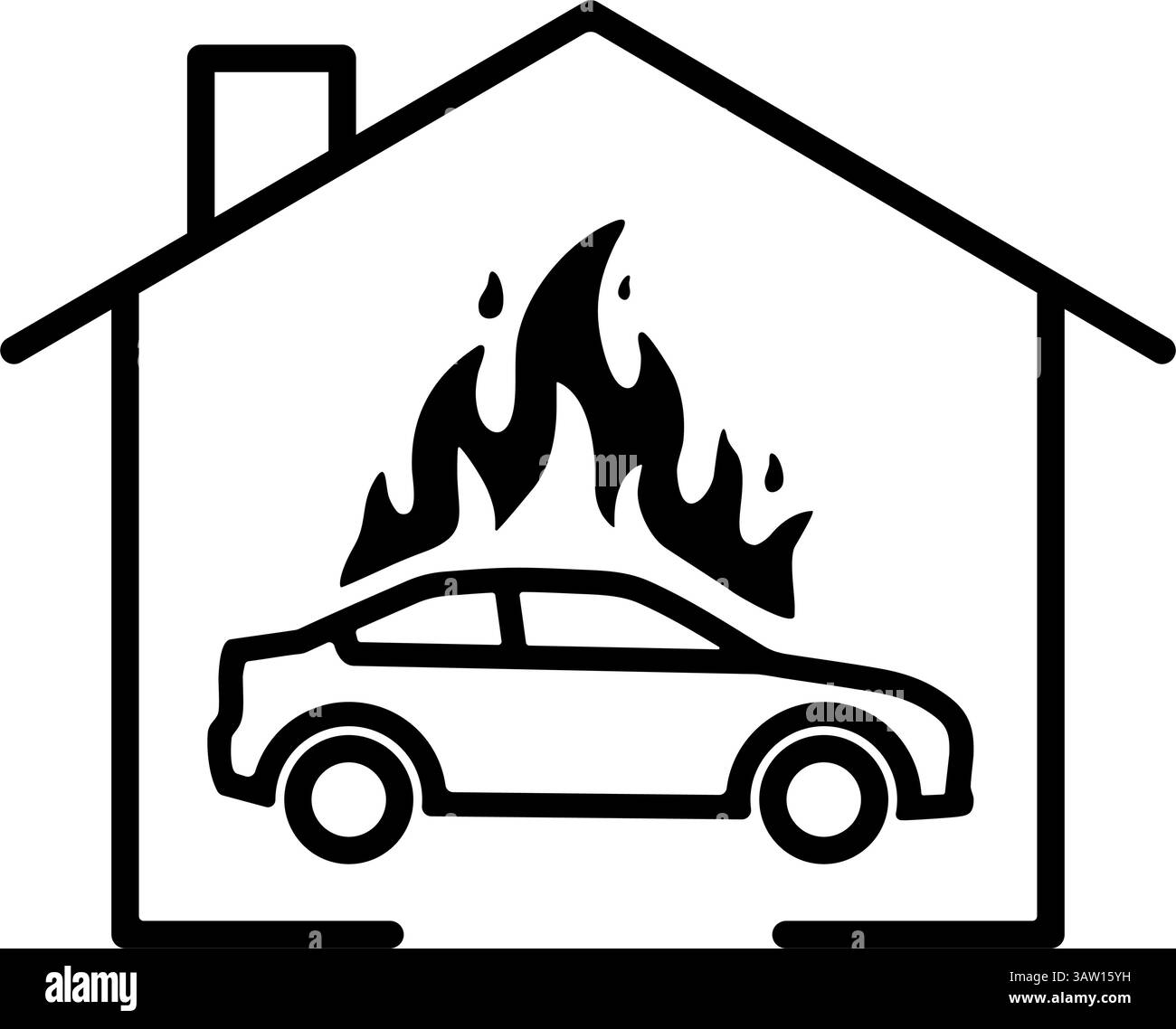 Simbolo icona del garage interno della casa in fiamme. Assicurazione di proprietà, incendio di casa, auto in fiamme, garage in fiamme Illustrazione Vettoriale