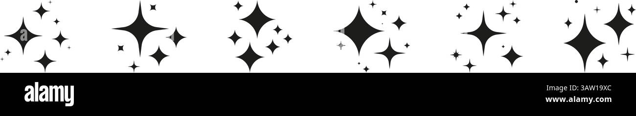 Set di icone piene con motivo Starburst scintillante. Collezione di simboli decorativi con stelle scintillanti. Illustrazione del vettore isolato Illustrazione Vettoriale