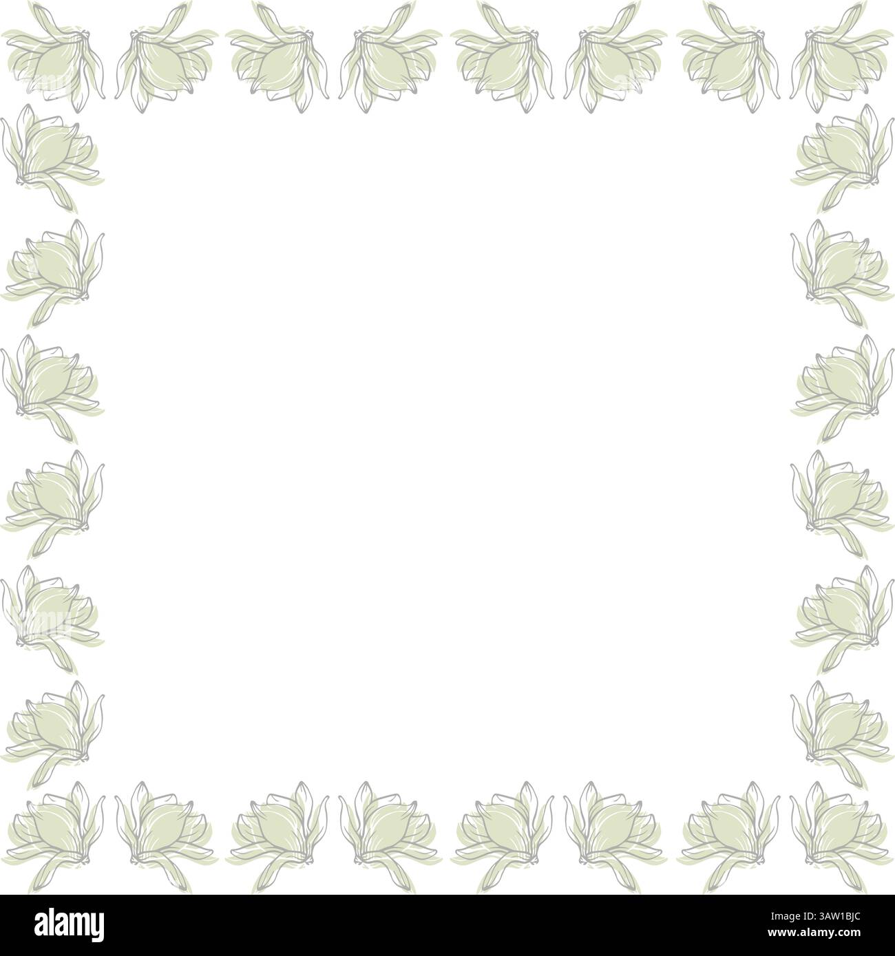 Cornice di fiori di Magnolia. Cornice rettangolare con fiori lineari. Graziosa scatola vuota a margherita. Illustrazione vettoriale disegnata a mano isolata su sfondo bianco Illustrazione Vettoriale
