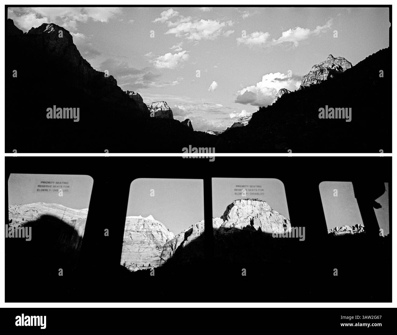 21 dicembre 2015 - Utah, Stati Uniti - il sole tramonta sulle cime delle montagne all'ingresso dello Zion Canyon. Queste stesse montagne sono visibili attraverso i finestrini di un autobus navetta, che ha trasportato nel canyon alcuni degli oltre tre milioni di visitatori che hanno visitato nell'ultimo anno. Il Congresso ha chiesto che i parchi diventino più accessibili agli americani, ma la domanda è cosa si perde nell'esperienza, mentre il paesaggio passa davanti alle finestre degli autobus?.Zion National Park artista-in-residence, settembre 2015. (Immagine di credito: © Benjamin Rusnak via ZUMA Wire) Foto Stock