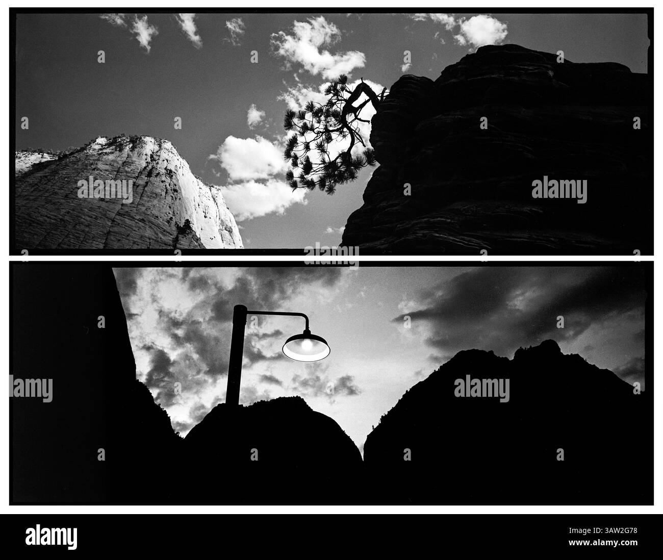 4 aprile 2016 - Utah, Stati Uniti - Un lampione illumina il parcheggio di Zion Lodge, entrando sullo sfondo di un tramonto spettacolare, mentre un albero si sporge precariamente da un masso sul lato est del parco..Zion National Park artista-in-residence, settembre 2015. (Immagine di credito: © Benjamin Rusnak via ZUMA Wire) Foto Stock