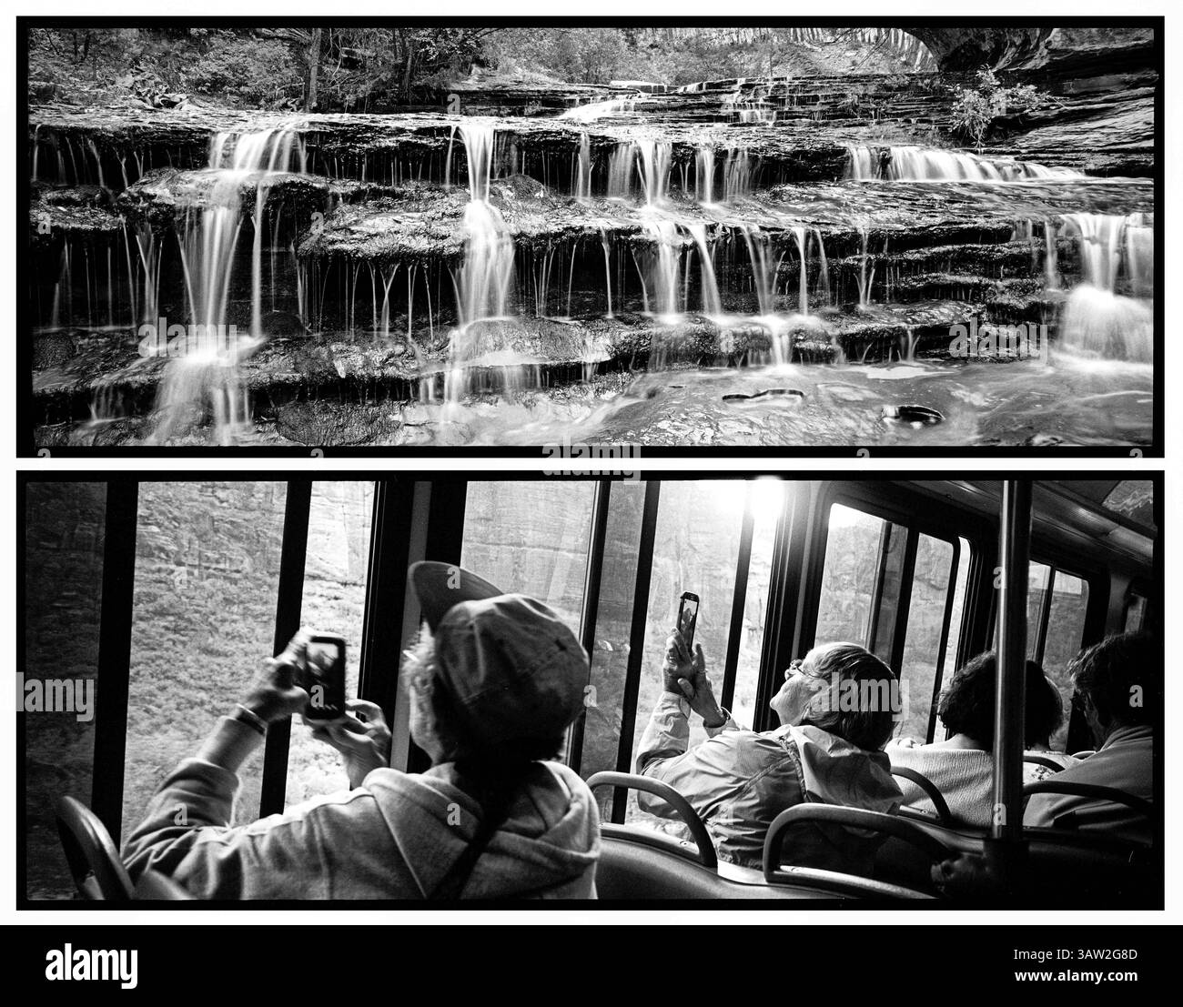 4 aprile 2016 - Utah, Stati Uniti - i passeggeri delle navette sperimentano la natura come molti di noi, attraverso le finestre e con i nostri dispositivi elettronici. Cinque chilometri circa di freddo fiume, camminando sulla Forca sinistra, ricompensa con una cascata di scale lungo la strada per l'iconica metropolitana. Più di 15 anni fa, lo Zion è diventato il primo parco nazionale a istituire in modo permanente un sistema di autobus navetta per la sezione più popolare del parco e, secondo la maggior parte dei conti, è stato visto come un grande e conveniente successo. Le navette, per quanto comode siano, non porteranno visite in luoghi che possono essere visti solo attraverso lo sforzo, la determinazione, Foto Stock