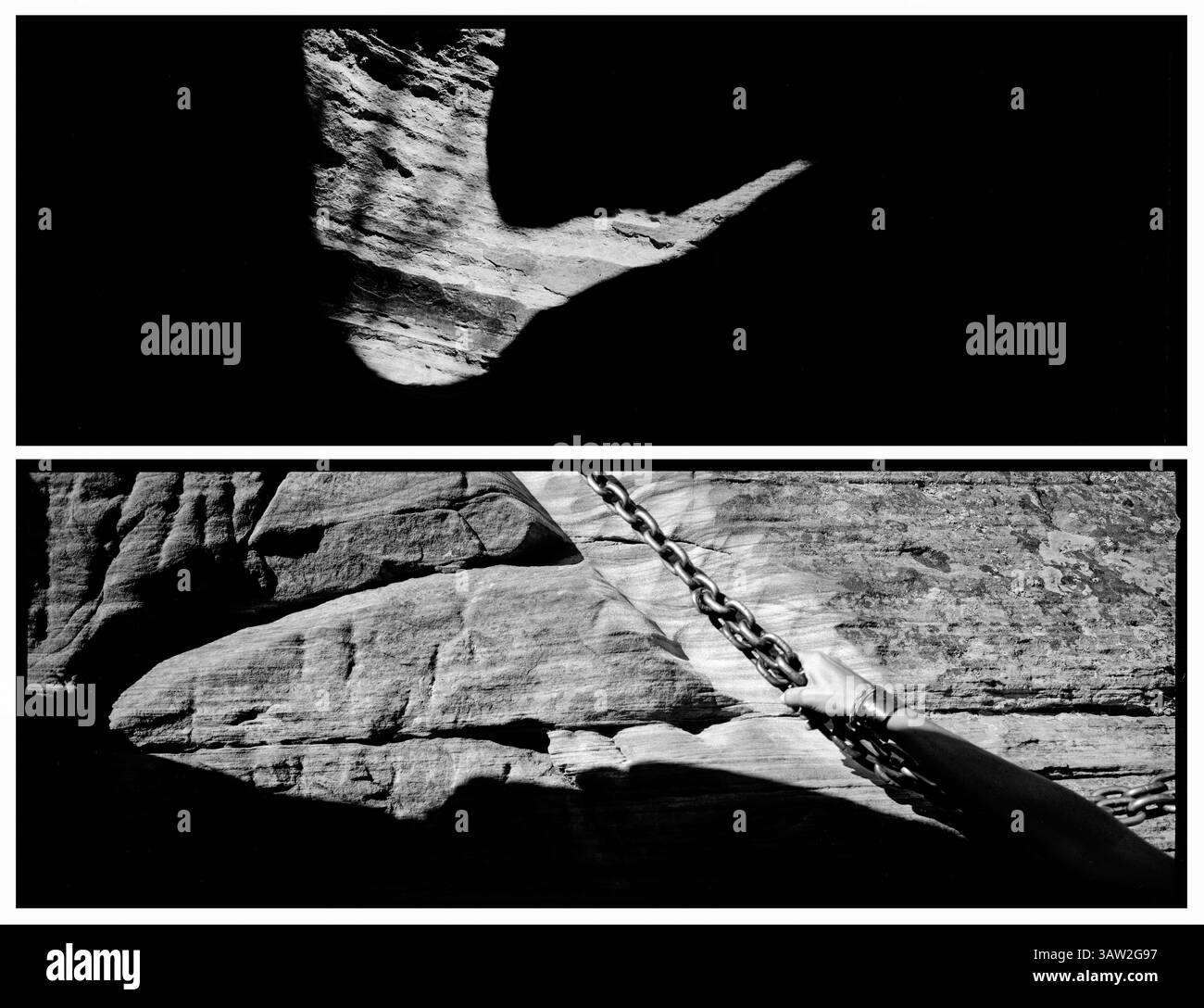 4 aprile 2016 - Utah, Stati Uniti - nel profondo di un canyon trasparente di Creek, il sole colpisce raramente il pavimento, ma balla invece lungo le pareti del canyon creando forme fugaci e in continuo cambiamento. Migliaia di mani che tirano ogni giorno su una catena di acciaio hanno sfregato un solco permanente nella roccia sul ripido assenso all'Angel's Landing..Zion National Park artista-in-residence, settembre 2015. (Immagine di credito: © Benjamin Rusnak via ZUMA Wire) Foto Stock