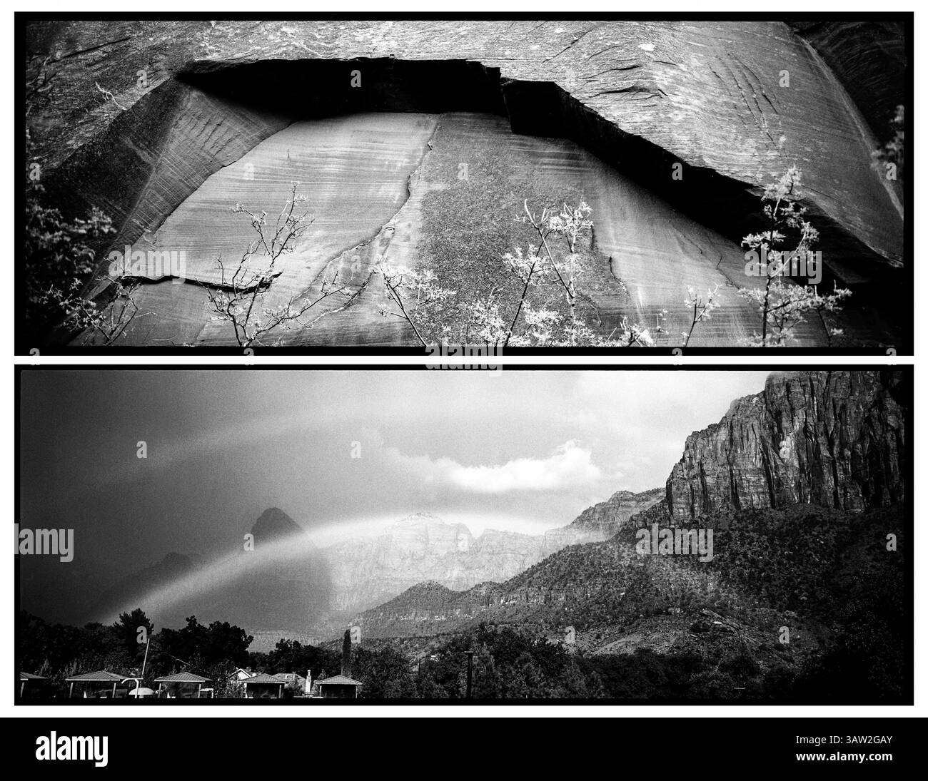 4 aprile 2016 - Utah, Stati Uniti - Un arco cieco funge da porta d'ingresso nei canyon Kolob. Dopo due giorni di tempeste mortali, un doppio arcobaleno appare sopra le cabanas della piscina al la Quinta Inn & Suites di Springdale, la porta d'ingresso allo Zion..Zion National Park artista-in-residence, settembre 2015. (Immagine di credito: © Benjamin Rusnak via ZUMA Wire) Foto Stock