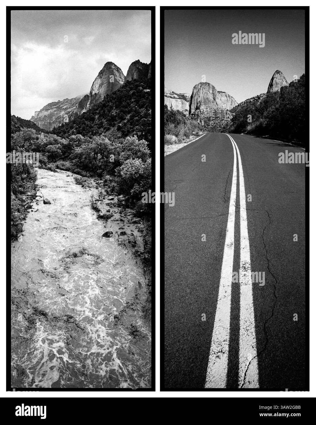 4 aprile 2016 - Utah, Stati Uniti - Un'inondazione lampo gonfia il Virgin River, intagliandolo attraverso lo Zion Canyon, come è successo da millenni. Più di recente, le strade asfaltate - il segno distintivo del progresso - consentono un facile accesso veicolare ai canyon Kolob nella sezione nord-ovest del parco. Per un secolo il National Park Service ha lottato con il duplice mandato di conservazione e sviluppo..Zion National Park artist-in-residence, settembre 2015. (Immagine di credito: © Benjamin Rusnak via ZUMA Wire) Foto Stock