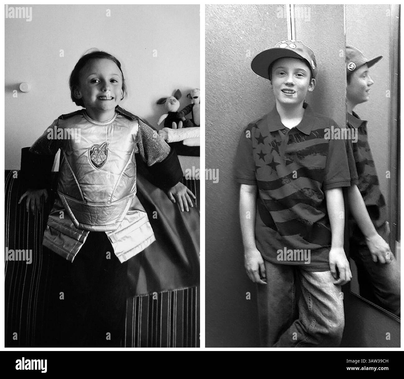 7 aprile 2016 - San Diego, CA, Stati Uniti - SAN DIEGO, CA-2 luglio 2015: | Una foto di Sam Moehlig, ora 15 anni, è appesa al muro della casa della sua famiglia scattata quando aveva cinque anni e aveva caratteristiche più femminili di quanto non faccia ora e vestito come il principe Filippo della bella addormentata mentre lui e la sua famiglia erano in crociera a tema Disney. A destra, una foto di famiglia di Sam scattata durante il suo primo viaggio di shopping di vestiti per bambini, circa cinque anni fa. (Immagine di credito: © Moehlig Family Photos/U-T San Diego via ZUMA Wire) Foto Stock