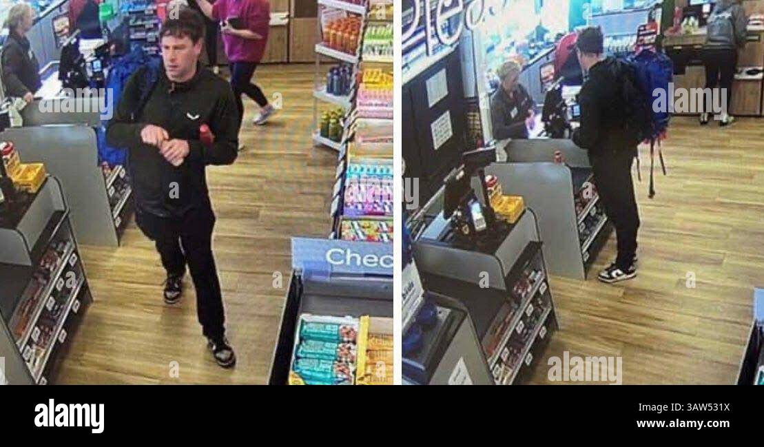 Afferra lo schermo di un filmato datato 02/04/25 rilasciato dal Police Service of Northern Ireland (PSNI) che mostra George Brennan a Ballycastle con il suo zaino di colore blu, che gli ufficiali stanno cercando. Il signor Brennan, 38 anni, è stato visto l'ultima volta mercoledì 2 aprile a Ballycastle, nel Co. Antrim, e da allora i suoi amici e la sua famiglia non hanno più avuto sue notizie. Il PSNI sta assistendo un Garda Siochana nella loro ricerca. Data di pubblicazione: Sabato 19 aprile 2025. Foto Stock