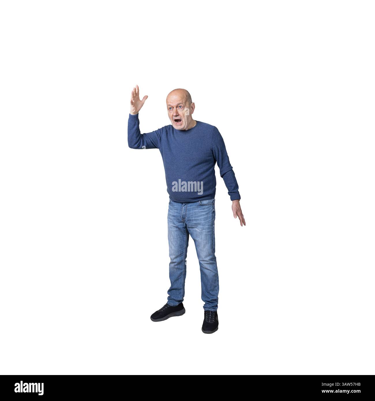 un uomo mentre ha una discussione accesa su un background trasparente Foto Stock