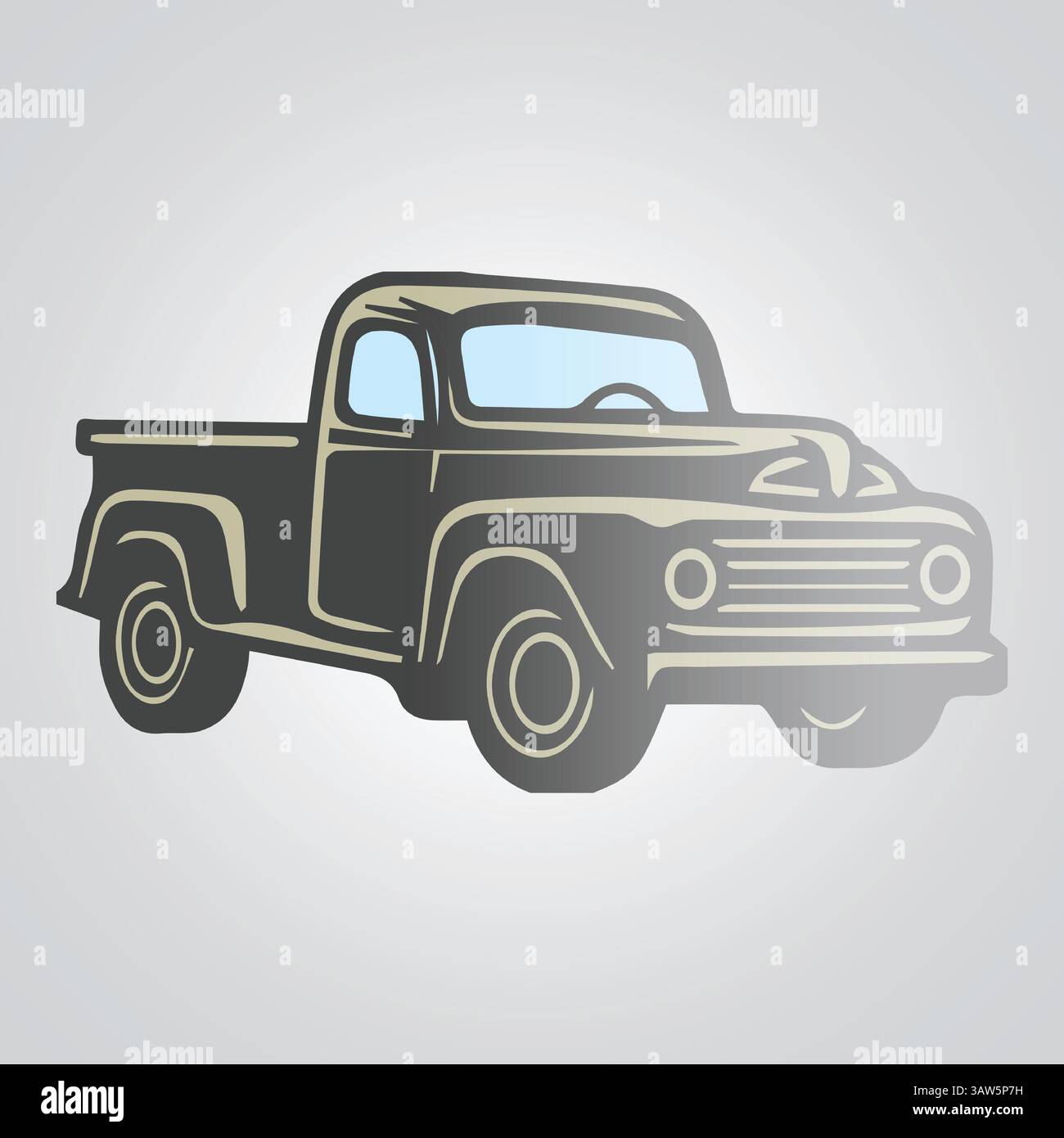 Icone di camion, auto d'epoca, icone uniche e logo di un'auto con sfondo argento, illustrazione vettoriale Illustrazione Vettoriale