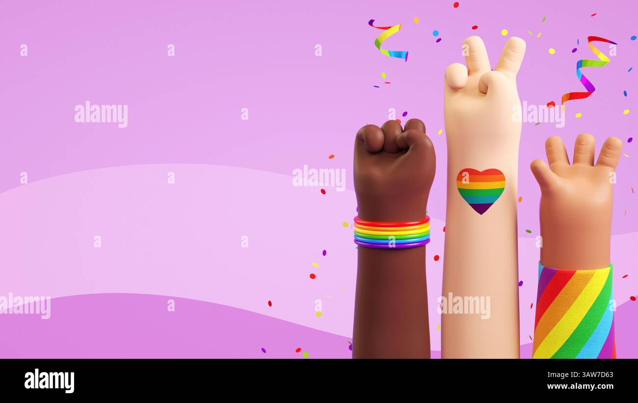 Modello di volantino Happy Pride con tre diverse mani alzate e materiale natalizio su sfondo viola che simboleggia il mese dell'orgoglio LGBTQIA+ e il diversit dell'amore Foto Stock
