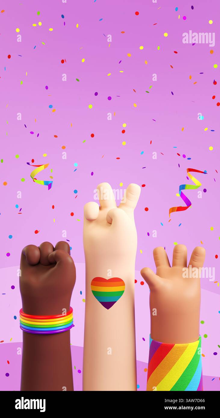 Post sui social media di Happy Pride con tre diverse mani alzate e materiale natalizio su sfondo viola che simboleggia LGBTQIA+ Pride Month e Love Diver Foto Stock