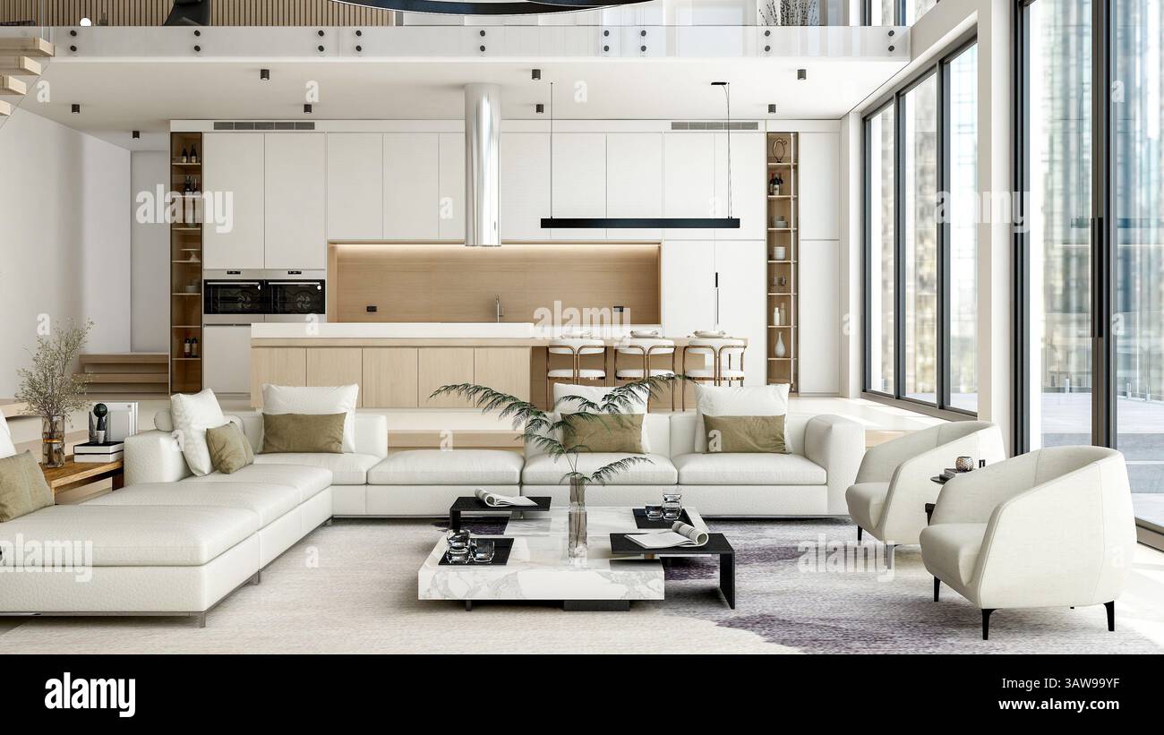 Elegante e moderno loft interno con soggiorno open space e cucina, rendering 3D. Foto Stock