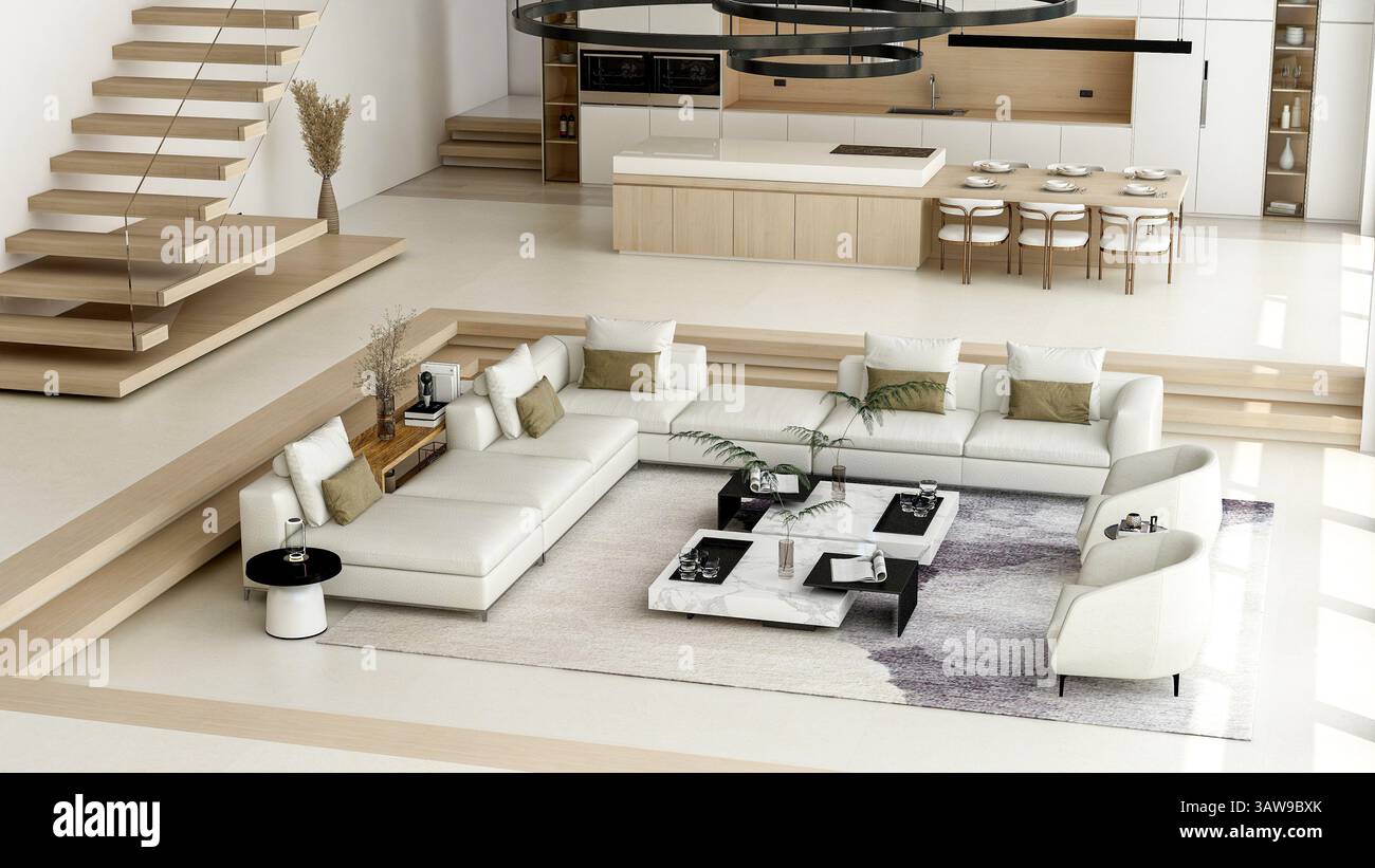 Elegante e moderno loft interno con soggiorno open space e cucina, rendering 3D. Foto Stock