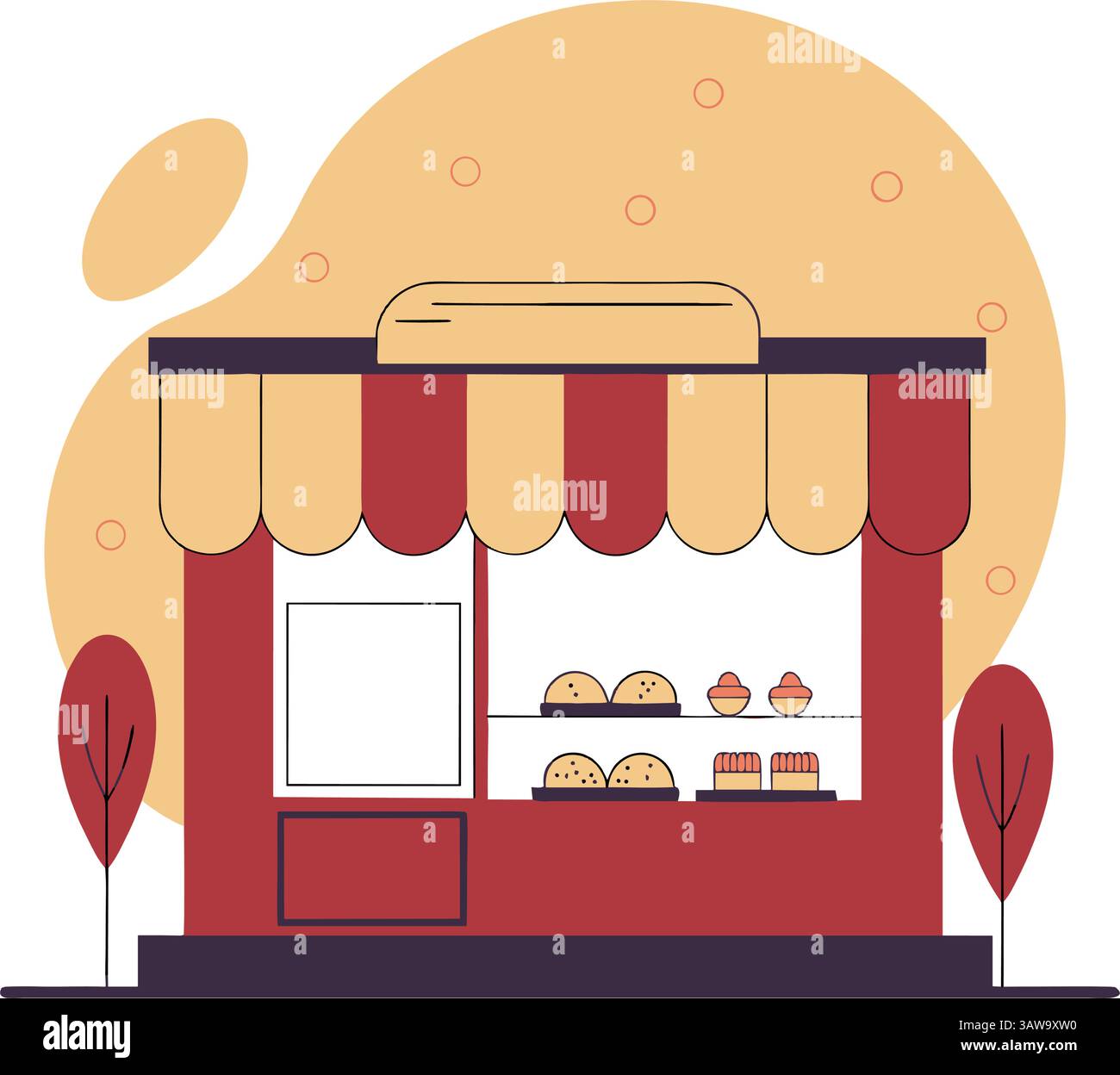 Illustrazione di un'affascinante panetteria con dolci e torte, che rappresenta prodotti da forno freschi e aziende locali. Perfetto per il cibo e per i negozi Illustrazione Vettoriale