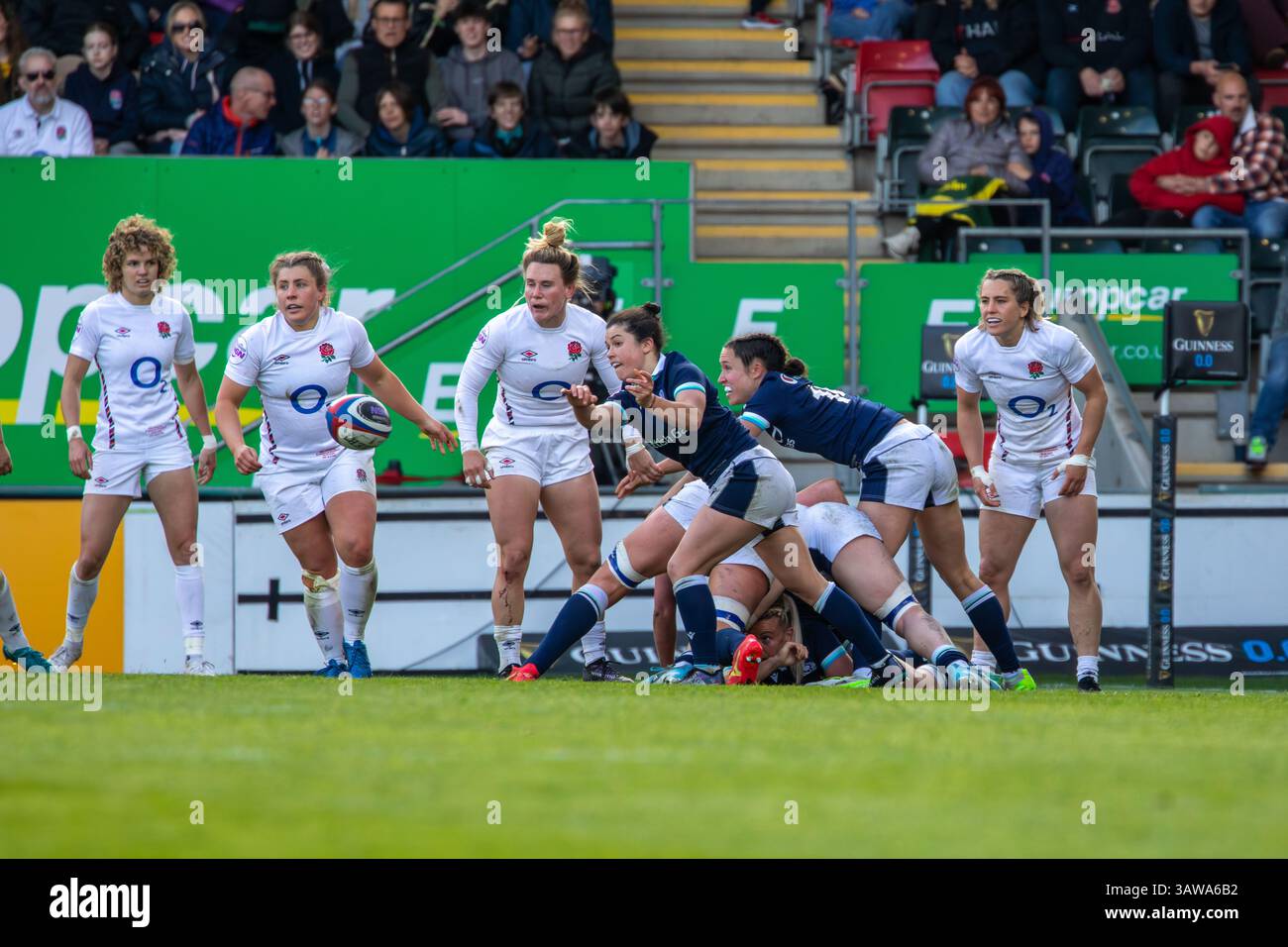 Leicester, Regno Unito, 19 aprile 2025 Scoltand scrum Half Caity Mattinson passa da un solco nel Women's Six Nations al Mattioli Woods Welford Road Stadium, Leicester, Regno Unito. Alex Williams / Alamy Live News Foto Stock