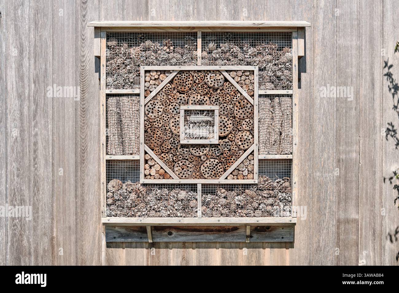 Un hotel geometrico costruito in legno attaccato ad una parete di legno alla luce del sole che fornisce riparo e strutture di nidificazione per insetti Foto Stock
