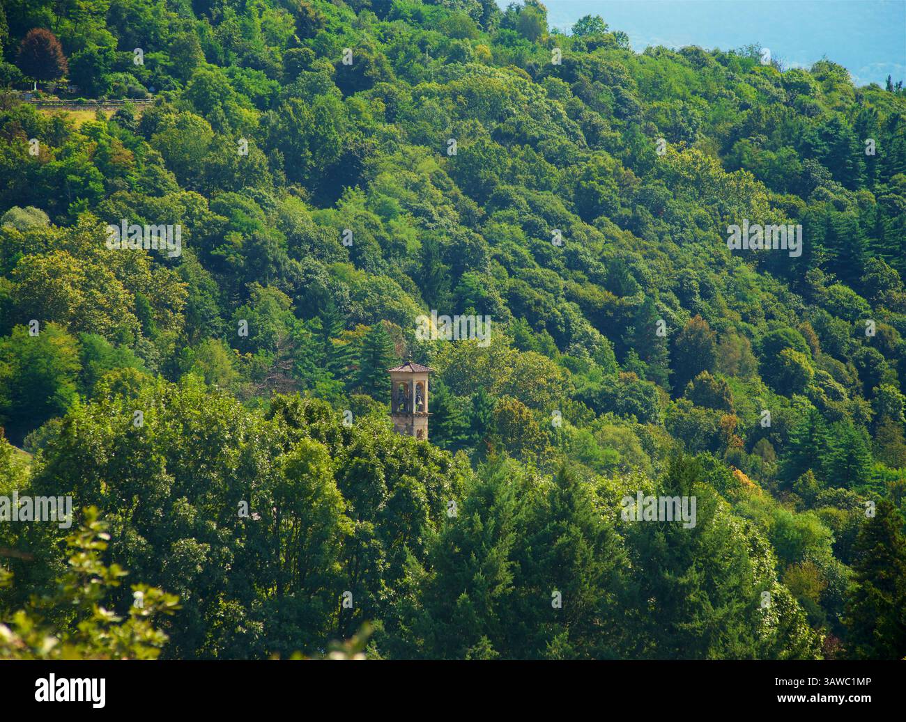 Il campanile di Chiesa Sant'Ambrogio, 21010 Montegrino Valtravaglia, provincia di Varese, Italia. Come si vede dal sentiero per la chiesa di San Martino. Il campanile di origine romanica, con finestre monofore lungo il pozzo e una successiva camera campanaria. Foto Stock